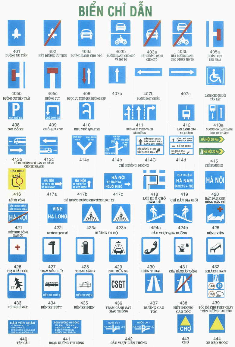 Biển chỉ dẫn giao thông được đánh số từ 401 -> 444