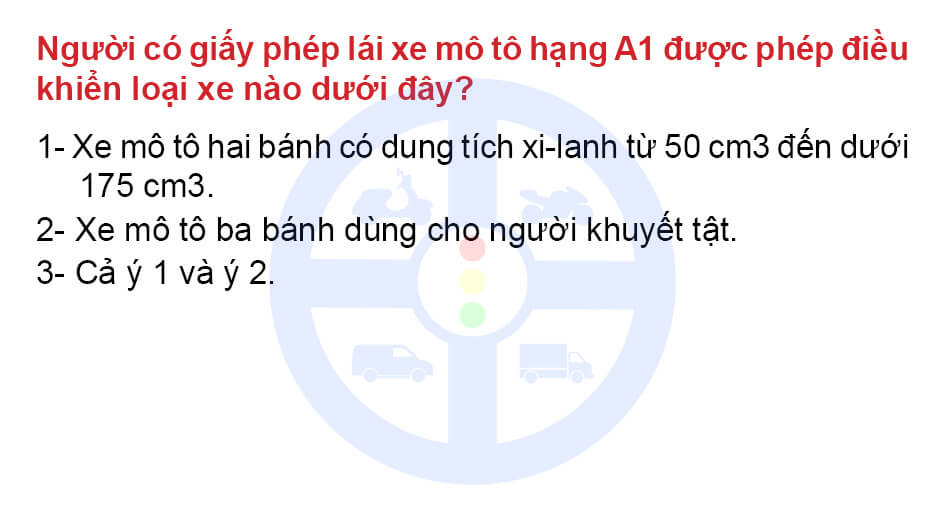 Người có GPLX mô tô hạng A1 được phép điều khiển loại xe nào dưới đây?